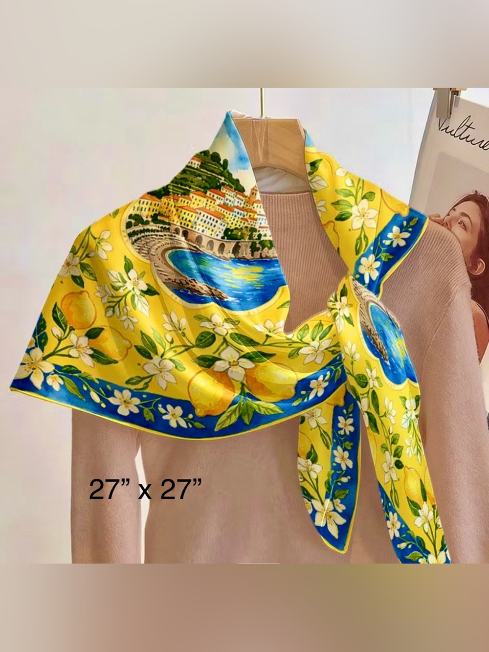 Lemon Print Scarf 27”x27” Mediterranean Vibe vibrant Yellow & Blue New